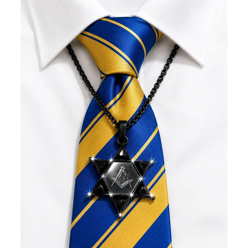 Mens Masonic Star of David Pendant Necklace Black Square and Compasses G Symbol